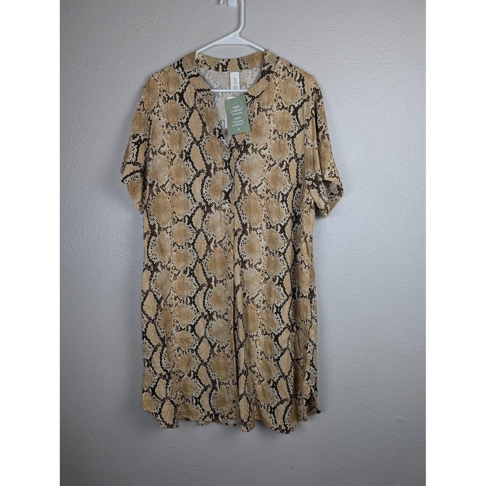 H&M Dress Womens Medium Brown Beige Snake Print Short Sleeve LivaEco Viscose New